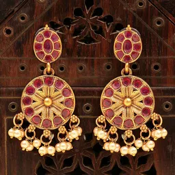 KARATCART Gold-Plated Kundan Stone Studded Antique Tribal Drop Earrings-3