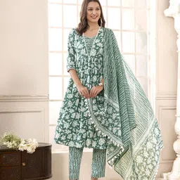 Anouk Women Floral Printed Pleated Pure Cotton Kurta with Trousers & With Dupatta-image-21