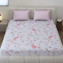 Monte Carlo Edmond Blue & Pink Floral Printed 144 TC King Bedsheet Set 2.70 m x 2.70 m image 2