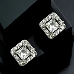 FEMMIBELLA Silver Plated American Diamond Studded Square Shaped Studs-2