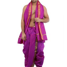 Exotic India Men Ready to Wear Dhoti and Angavastram Set with Woven Golden Border-21