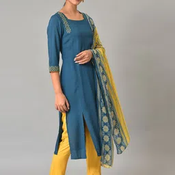 AURELIA Embroidered Thread Work Square Neck Straight Kurta with Trouser & Dupatta image 4