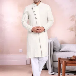 Moda Rapido Mandarin Collar Angrakha Pure Cotton Kurta With Pyjamas-image-100