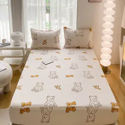 JC HOME Cream Cartoon Characters Cotton 140 TC Fitted King BedsheetSet 2.43m x 2.64m-image-52