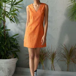 Canoopi Checked V-Neck Cotton A-Line Mini Dress-picture-35