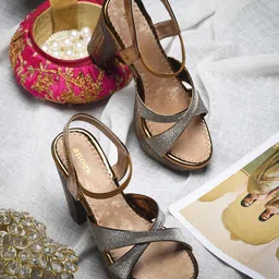 Anouk Women Textured Open Toe Metallic Platform Heel Sandals-3