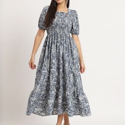 Krunal Raiyani Floral Printed Square Neck Smocked Detail Fit and Flare Midi Dress-picture-38