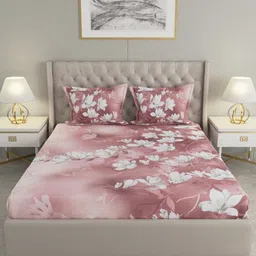 Raymond Home Peach-Coloured & White Floral 400 TC King Bedsheet with 2 Pillow Covers-image-27