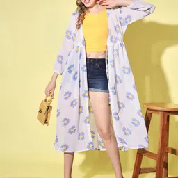 DIMPY GARMENTS Floral Printed Tie-Up Neck Longline Shrug-35