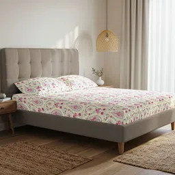 URBAN SPACE Serene Pink Floral Cotton 200 TC Fitted Super King Bedsheet Set-1.82mx1.98m-image-19