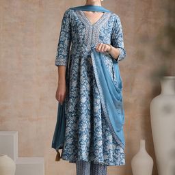 Khushal K Ethnic Motifs Printed V-Neck Anarkali Pure Cotton Kurta With Trousers & Dupatta-45