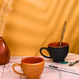 WEAVING HOMES Brown & Navy Blue Textured Ceramic Glossy Cups Set of Cups and Mugs-46