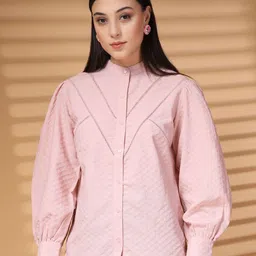 plusS Women Standard Band Collar Solid Casual Shirt-50