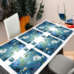 REVEXO 6Pc Blue & White Printed Rectangle Costers & Table Placemats-4
