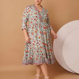 Sztori Women Floral Printed V-Neck Fit & Flare Midi Dress-image-10