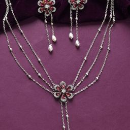 Voylla Rhodium-Plated American Diamond Studded Royal Romance Fluer Necklace Jewellery Set-picture-14