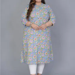 Gs Fashions Floral Printed Thread Work Mandarin Collar Cotton A-Line Kurta-14