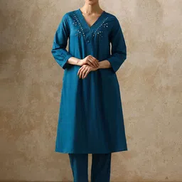 Moara Women Woven Design Embroidered Cotton A-Line Kurta with Trousers-image-75