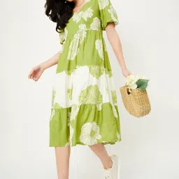 Women A-line Light Green, White Midi/Calf Length Dress-image-2