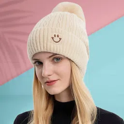 Winter Woolen Warm Beanie (Fur Inside Soft Pompom on top) Winter caps for Women Beanie-image-39