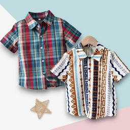Boys Shirt Checkered, Printed Casual Short Sleeve Shirts Pack of 2-image-82
