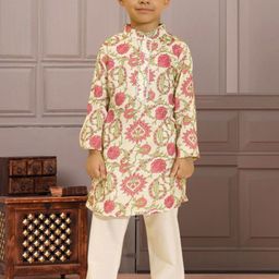 Cutiekins Boys Floral Printed Gotta Patti Work Mandarin Collar Straight Kurta With Pyjamas-picture-4