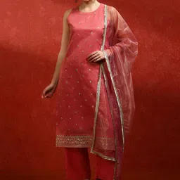 Jaipur Kurti Women Floral Embroidered Beads and Stones Kurta with Trousers & Dupatta-picture-44