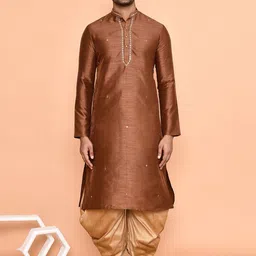 Arihant Rai Sinha Men Floral Yoke Design Regular Mirror Work Dupion Silk Kurta with Dhoti Pants-picture-5