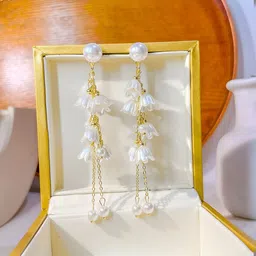 COOLWOOL Gold-Plated Pearls Beaded Contemporary Drop Earrings-7
