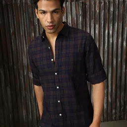 High Star Men Classic Spread Collar Tartan Checked Cotton Casual Shirt-picture-9