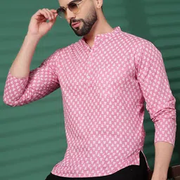 Sangria Pink Floral Printed Mandarin Collar Cotton Short Kurta-picture-38