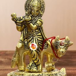 DARIDRA BHANJAN Gold-Toned Krishna With Cow Religious Idol Showpiece-image-26