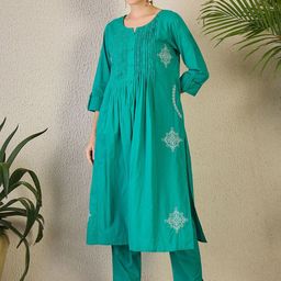 Indo Era Embroidered Notch Neck Pure Cotton Kurta & Trousers-picture-18