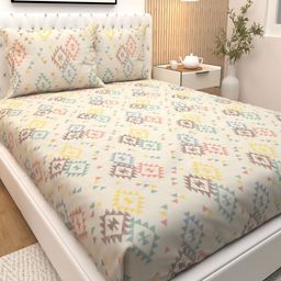 Athom Living Beige & Green Printed Cotton 180 TC Double Queen Bedsheet Set-2.24 m x 2.44 m-image-30