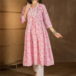 Inddus Women Floral Printed Pleated Sequinned Kurta with Trousers-image-99