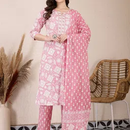 Yufta Women Ethnic Motifs Embroidered Regular Thread Work Pure Cotton Kurta with Trousers & With Dupatta-7