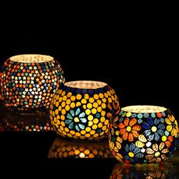 Brahmz White & Blue 3 Pieces Ethnic Glass Mosaic Candle Holders-image-94