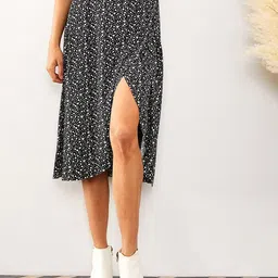 Olalook Printed Flared Front Slit Knee Length Skirt-picture-49