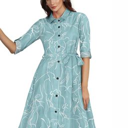 ODETTE Women Abstract Printed Cotton Shirt Collar Roll-up Sleeves Knee Length Shirt Dress-18