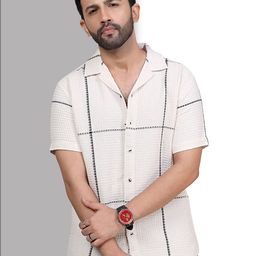 D Finish Men Smart Oversized Fit Checked Cuban Collar Cotton Casual Shirt-image-91