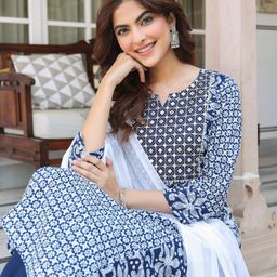 Janasya Women Floral Printed Regular Mirror Work Kurta with Trousers & With Dupatta-9
