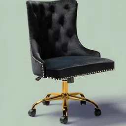 nestroots Black & Gold-Toned Boss Velvet Tufted Office Chair With Wheels-image-19