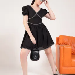 Vibes by Deebaco Women Puff Sleeve Tie-Ups Detail Fit & Flare Dress-image-6