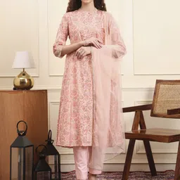 House of Pataudi Women Floral Printed Anarkali Flared Kurta With Trousers & Dupatta-picture-37