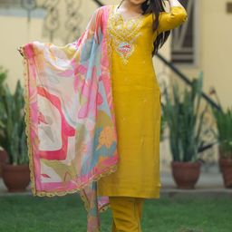 NIZA FASHION Ethnic Motifs Embroidered Thread Work Kurta With Trousers & Dupatta-image-100