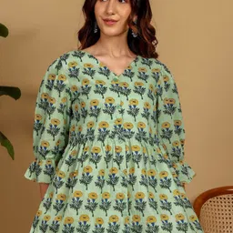 Chowkhat Floral Printed V-Neck Pure Cotton Handloom Empire Kurti-31