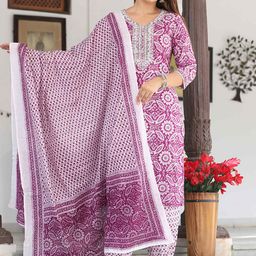 WILL BOTTOM Floral Printed Pure Cotton V-Neck Straight Kurta With Salwar & Dupatta-picture-46