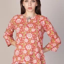 LIMEROAD Floral Printed V-Neck Pure Cotton Kurti-picture-14