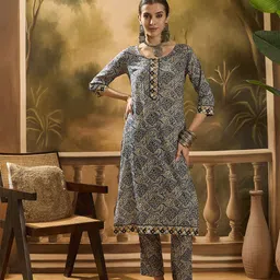 Sangria Floral Printed Round Neck Pure Cotton Straight Kurta & Trousers-image-93
