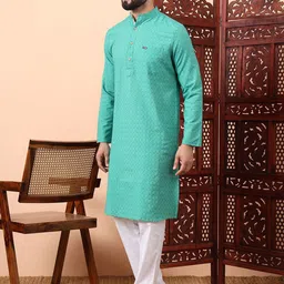 Latest Chikan Garments Men Geometric Printed Thread Work Block Print Kurta image 4